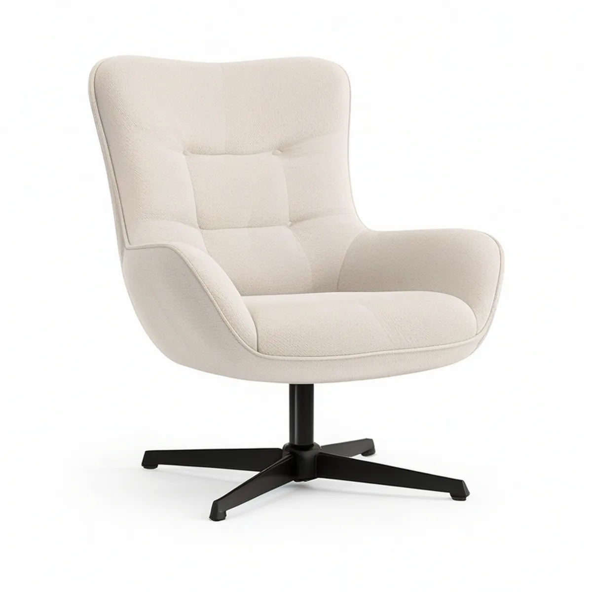 Poltrona Giratória Estofada em Poliéster Bege com Base em Aço Preto 78 x 82 x 102 cm