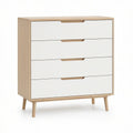 Cómoda baixa retangular com 4 gavetas em branco e carvalho-claro, 80 x 40 x 100 cm