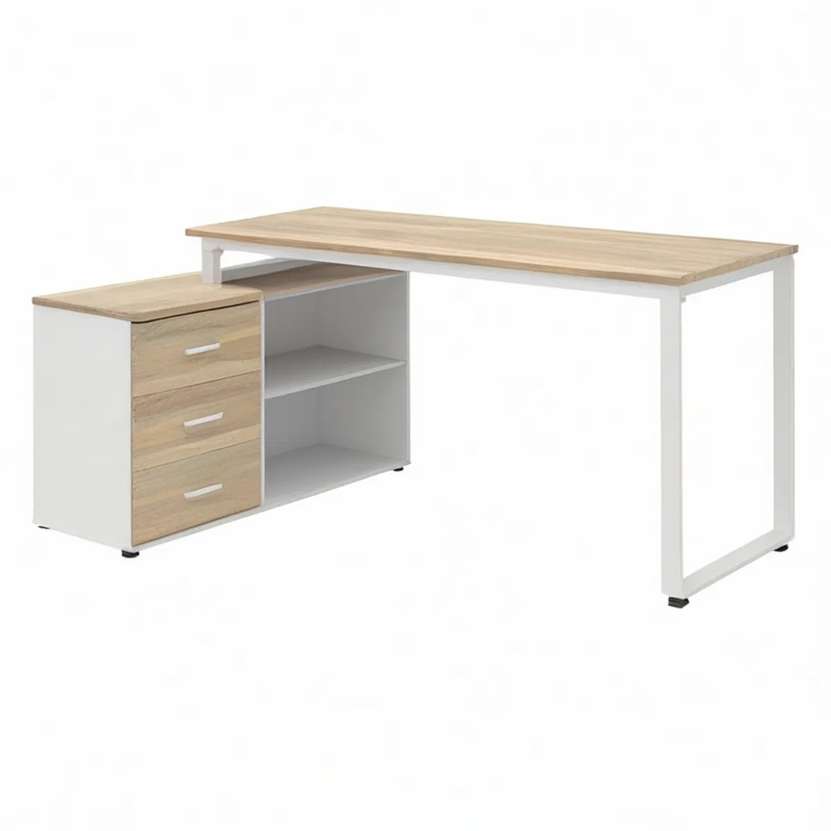 Secretária Retangular com Gaveteiro Integrado 140 x 60 x 75 cm Branco e Carvalho Claro