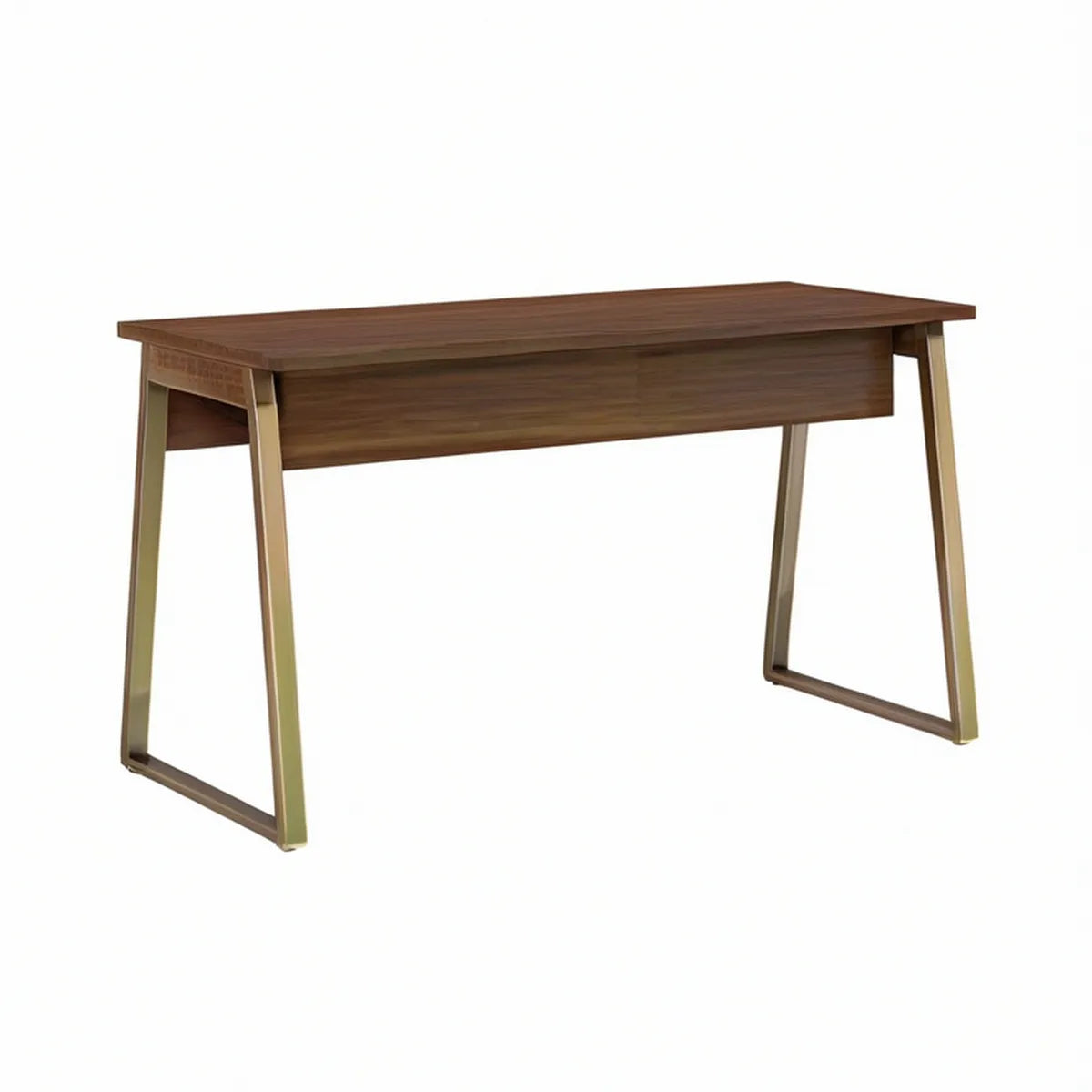 Secretária Retangular em MDF Nogueira com Estrutura em Aço Dourado, 120 x 60 x 75 cm