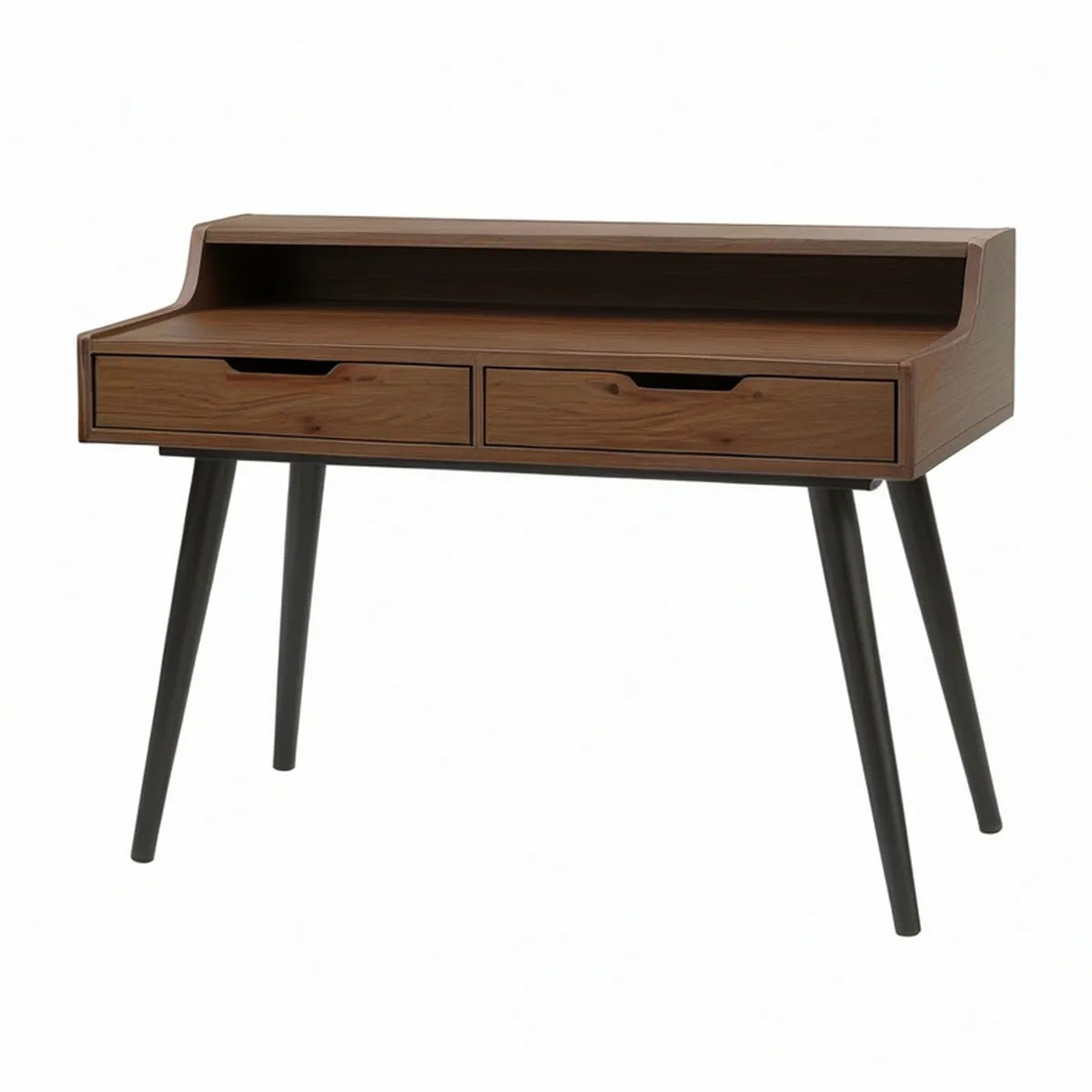 Secretária retangular em MDF folheado a nogueira com 2 gavetas e prateleira, castanho e preto, 100 x 50 x 95 cm