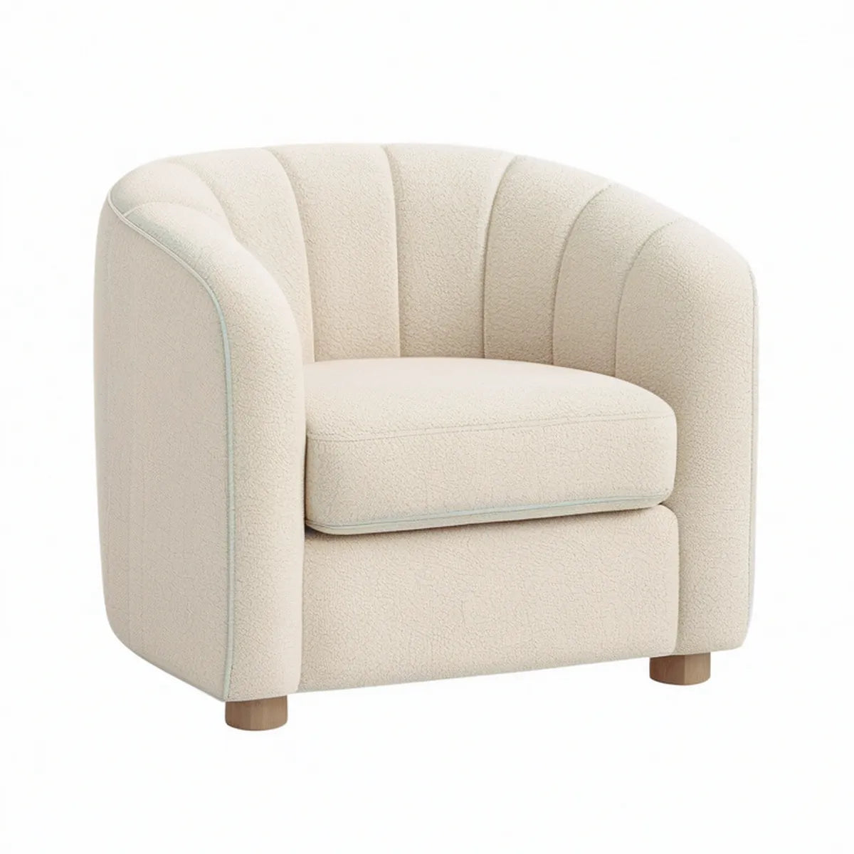 Poltrona em Bouclé de Poliéster Creme com Pés Castanho-Natural e Encosto Curvo, 78 x 78 x 75 cm