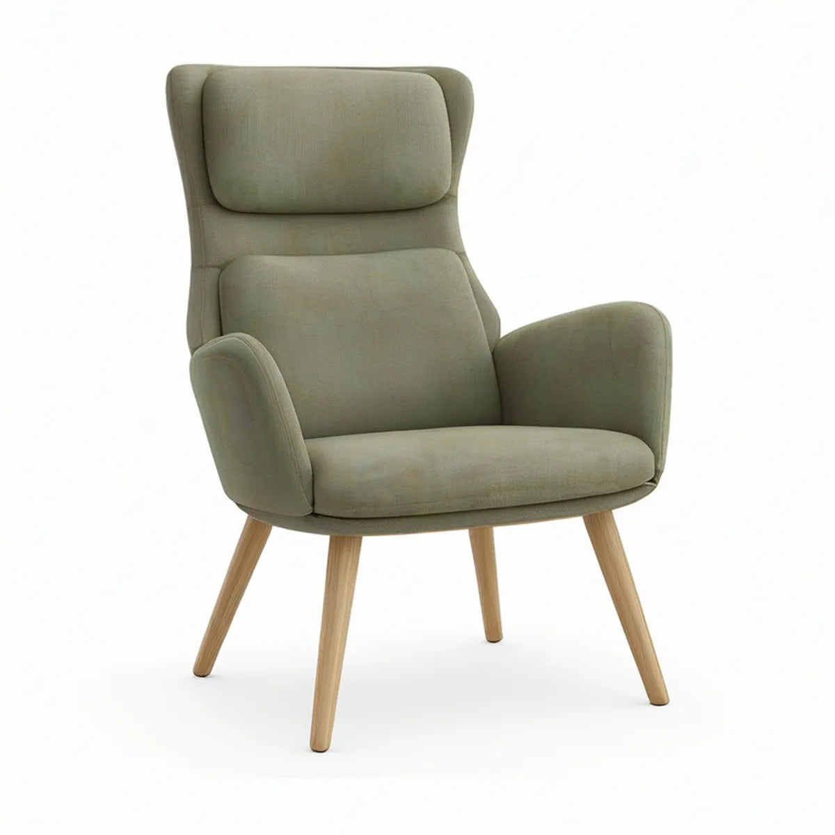 Poltrona com Encosto Alto em Poliéster Verde Oliva e Pés em Faia Natural, 75 x 83 x 103 cm