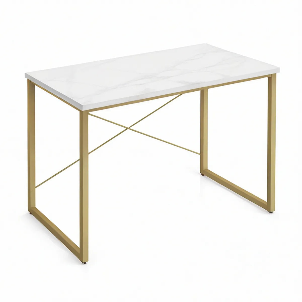 Secretária Retangular 120 x 60 x 75 cm com Tampo Efeito Mármore Branco e Estrutura Dourada