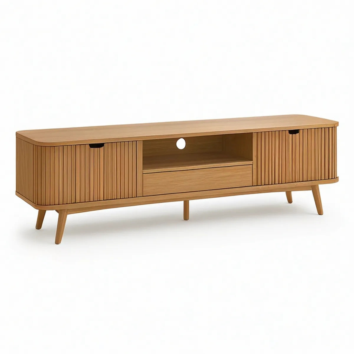 Móvel de TV em MDF efeito carvalho natural com portas caneladas, 180 x 40 x 55 cm