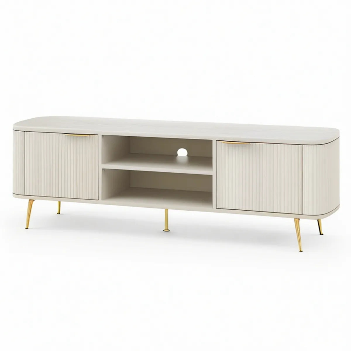 Móvel de TV em MDF Branco Marfim e Dourado 180 x 40 x 50 cm com 3 Portas e Nichos