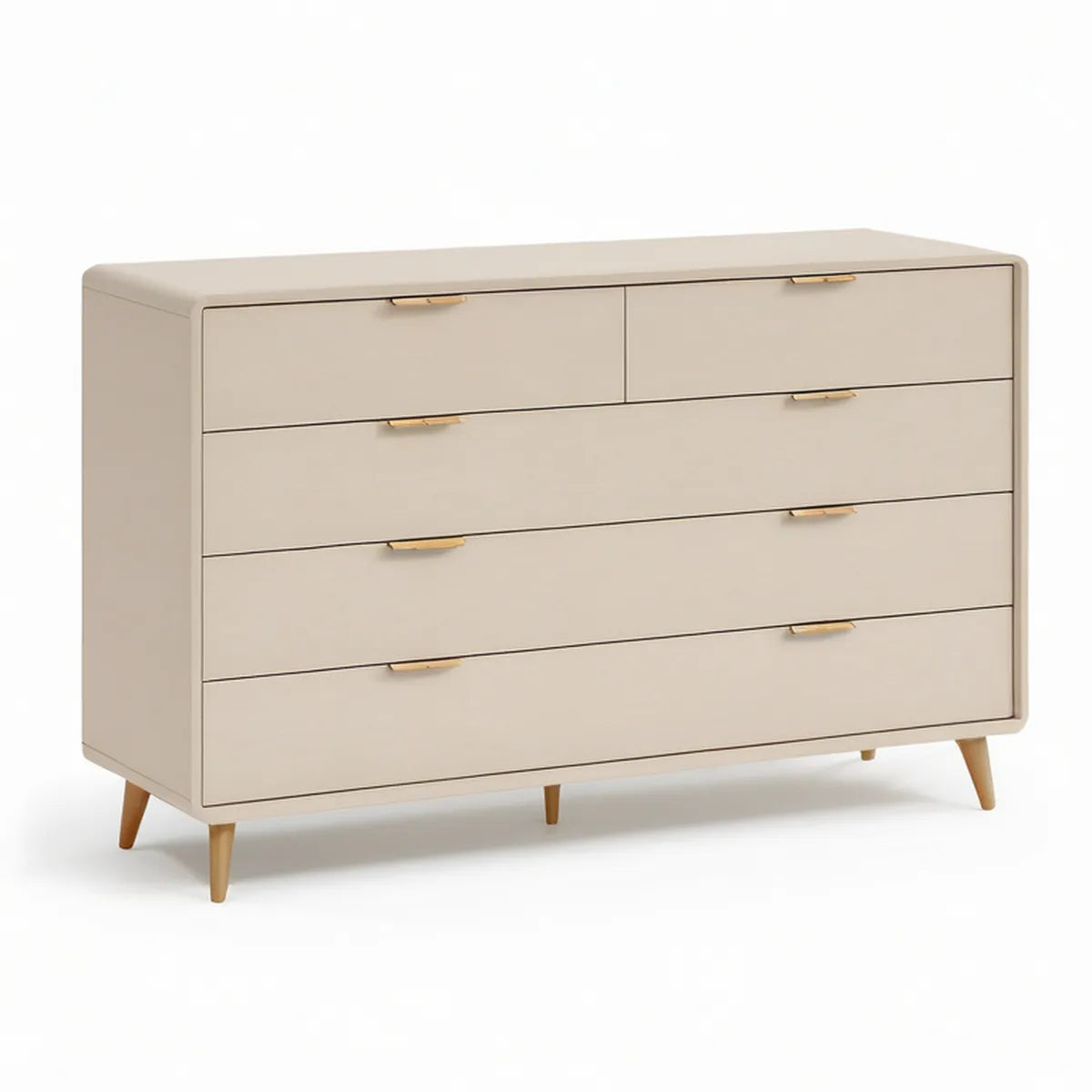 Cómoda baixa de 5 gavetas em MDF bege e dourado, 140 x 40 x 85 cm